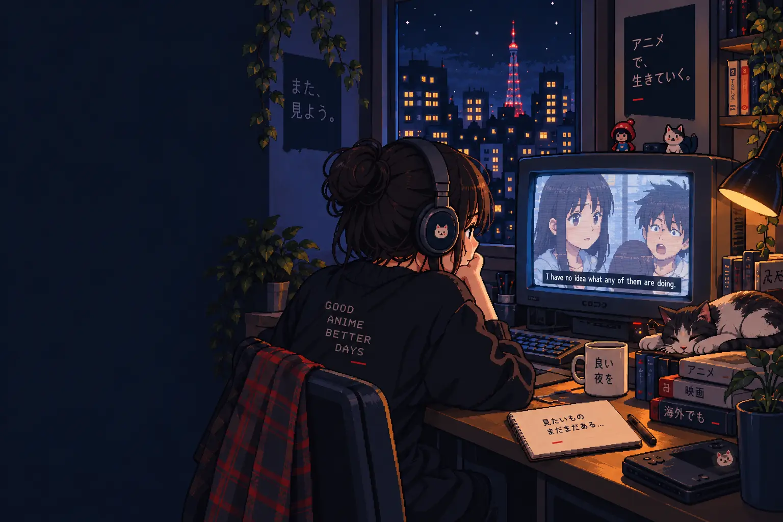 Pixel art: someone in headphones watches an anime on an old monitor late at night. The English subtitle on screen reads “I have no idea what any of them are doing.” A cat sleeps on the desk and Tokyo glows through the window.